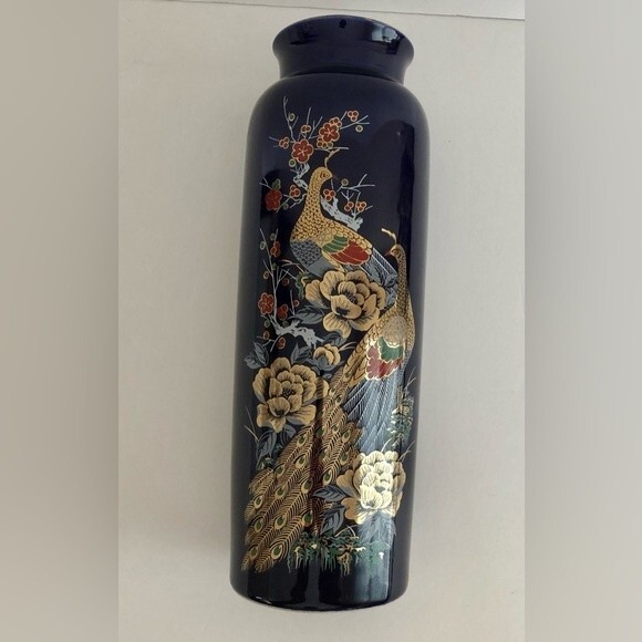 VASE COBALT BLUE INTERPUR PEACOCK VASE GOLD TRIM MADE IN JAPAN 10.75 " TALL - Picture 4 of 7